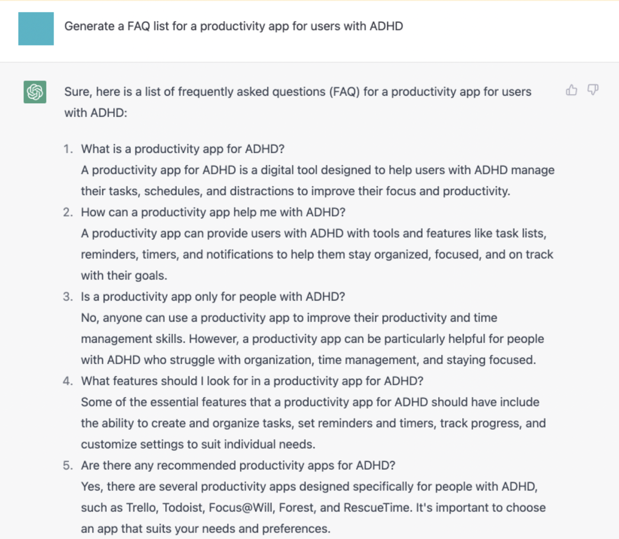 Use case with a prompt “Generate a FAQ list for a productivity app for users with ADHD”.