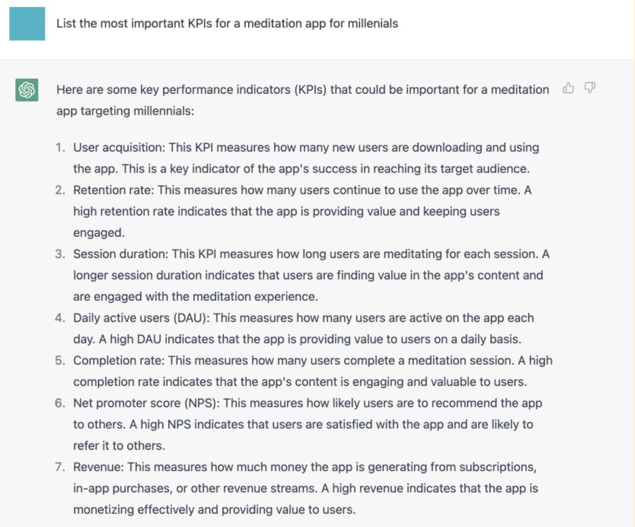 Use case with a prompt “List the most important KPIs for a meditation app for millenials”.