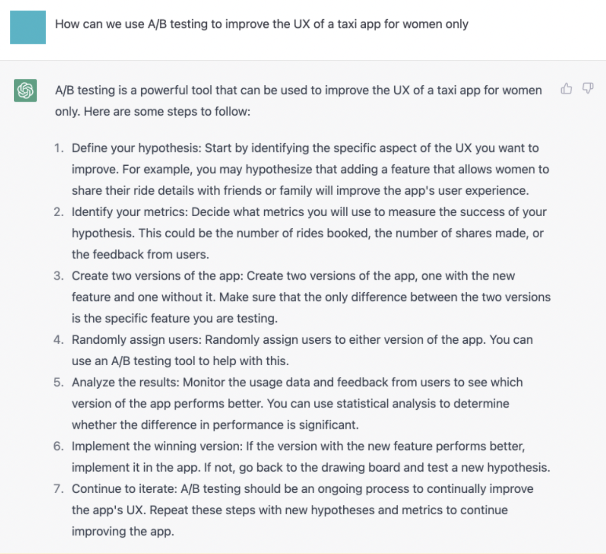 Use case with a prompt “How can we use A/B testing to improve the UX of a taxi app for women only?”.