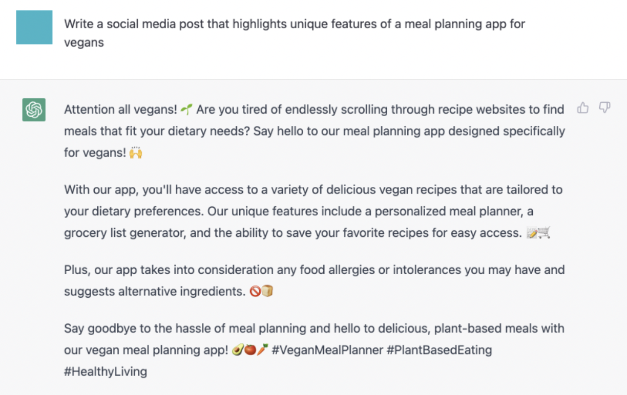 Use case with a prompt “Write a social media post that highlights unique features of a meal planning app for vegans”.