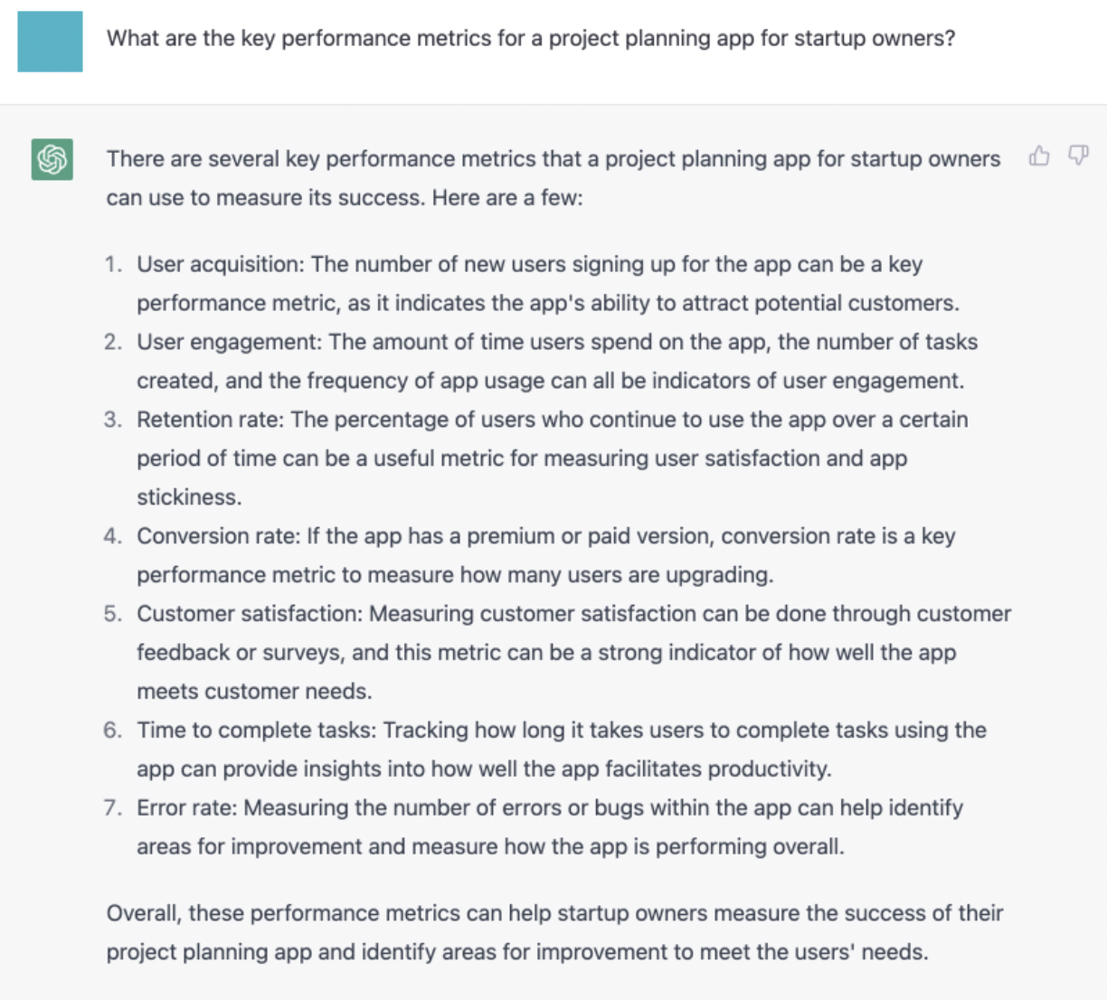 Use case with a prompt “What are the key performance metrics for a project planning app for startup owners?”.