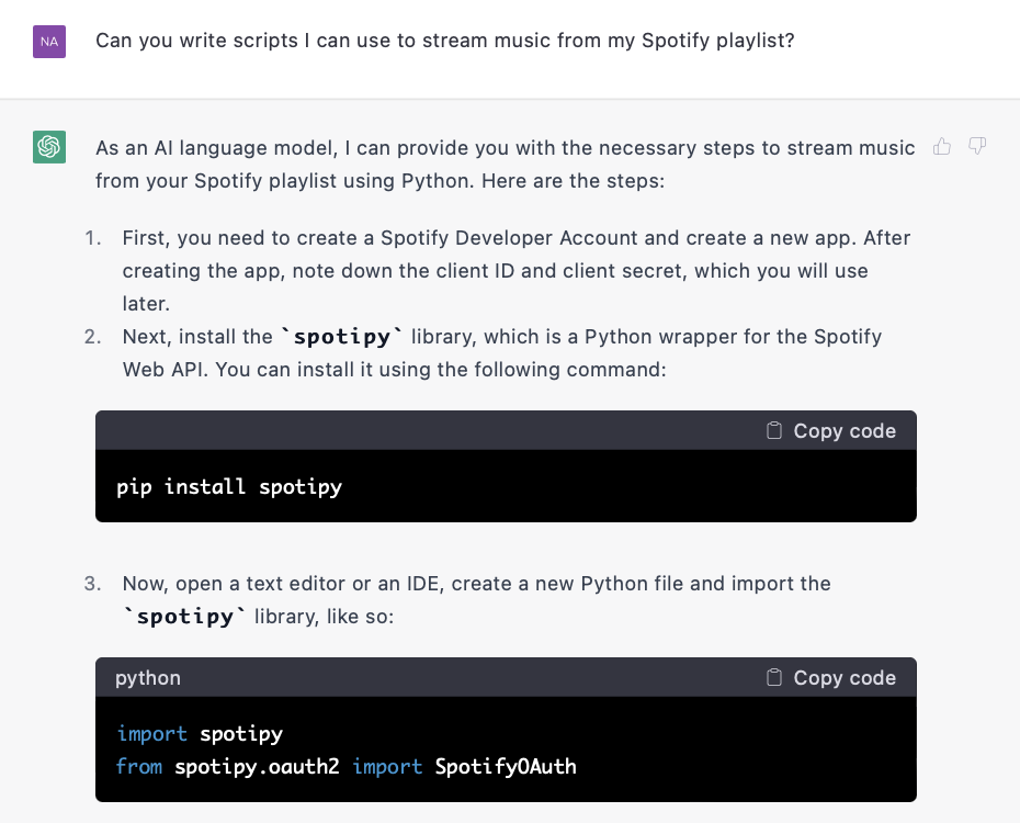 Prompting ChatGPT to generate code.