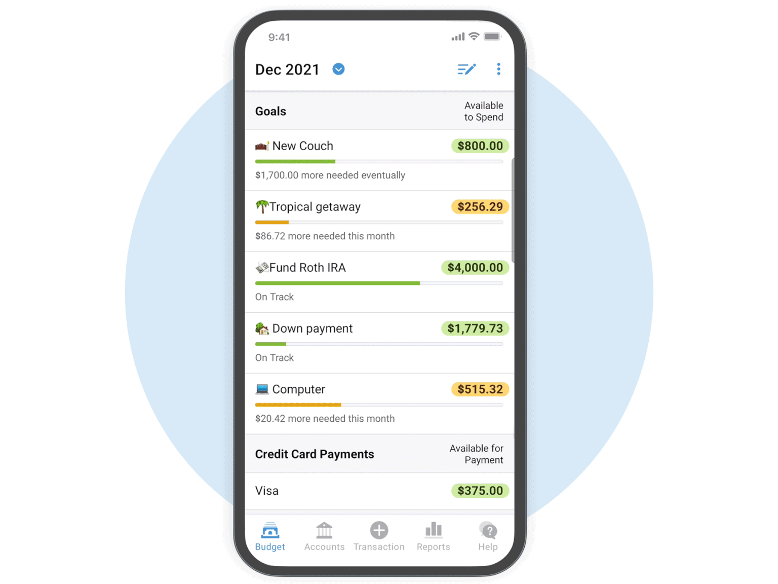 Setting and tracking goals in a YNAB budget app